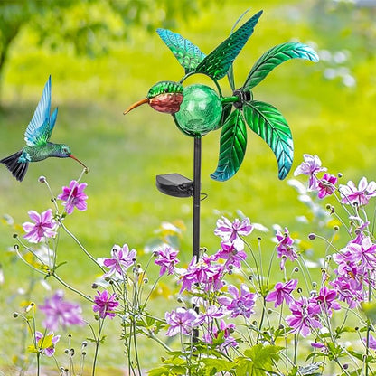 Bshine Hummingbird Solar Light Wind Spinner Outdoor Garden Decoration, Waterproof Garden Stake with Cracked Glass Ball, Gift for Mom, Lawn Ornaments for Pathway, Patio, Yard Decor Outdoor