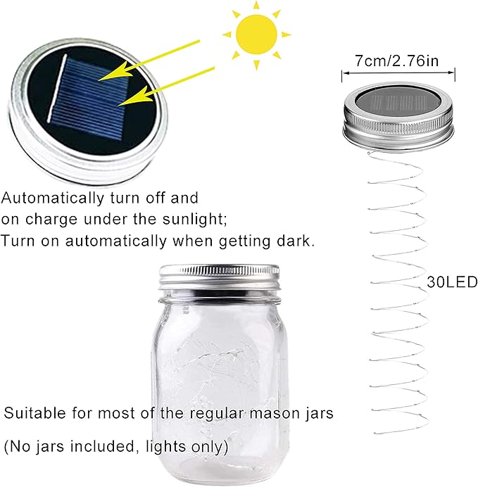 10-Pack 30 LED Mason Jar Fairy Lights, Solar Patio