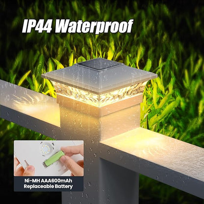APONUO Solar Post Cap Lights 6 Pack for 4x4 5x5 6x6 Wood & Vinyl Fences - IP65 Waterproof, All-Night Auto On/Off, Warm/Cool White Light, Outdoor Deck Patio Garden (White)