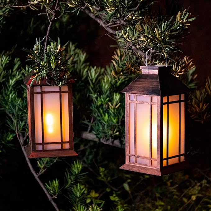 2-Pack Metal Hanging Solar Lanterns for Patio, Waterproof LED