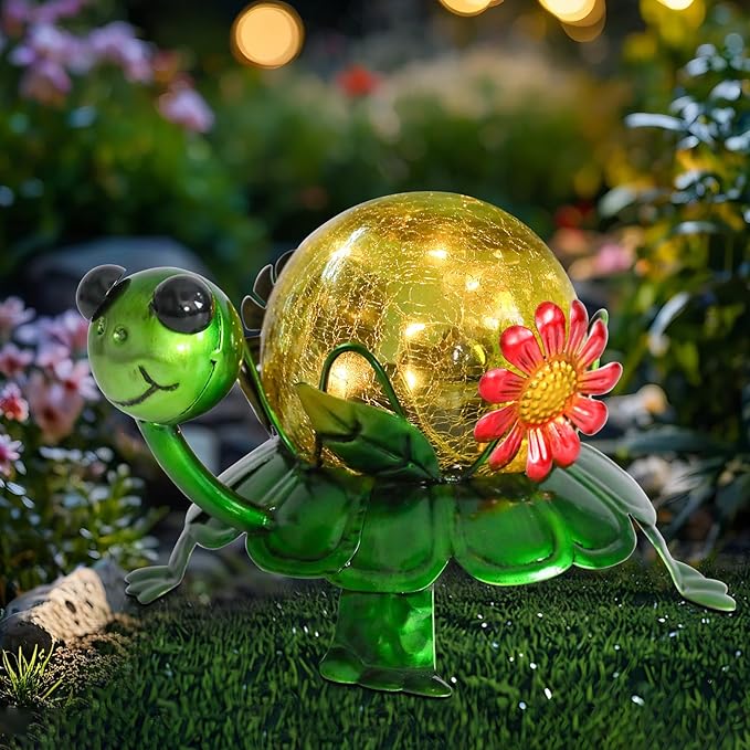 MUMTOP Solar Lanterns Outdoor Waterproof - Colorful Metal Turtle Solar Lights Decorative, Glass Tortoise Light Tabletop Lantern Lamp Ornaments for Yard Patio Garden Outside Decorations