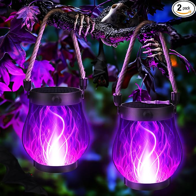 Solar Flame Lantern Hanging Outdoor Waterproof Purple - 2 Pack Flame Lanterns with Dual Charging Modes of Solar & USB for Garden or Yard Decorations (Purple - 2 Pack)