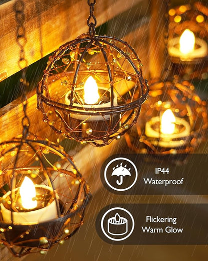 Homemory Solar Tea Lights Outdoor Waterproof Hanging Lanterns, Beaded Copper Wire Ball Holders with Solar Powered Tea Lights Candles, Ideal for Patio, Garden, Backyard, Pergola, Tree, Fence, 4-Pack