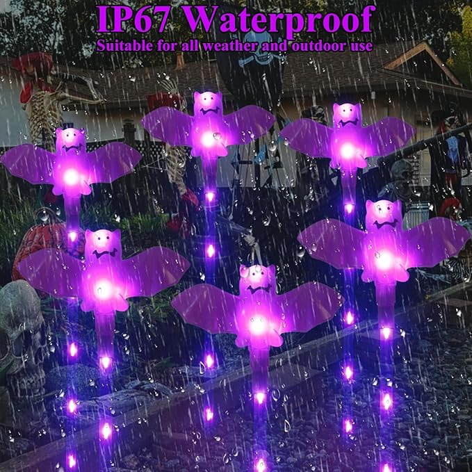 Halloween Decorations Outdoor Solar Bat Garden Lights,6 Pack 56LED Solar Halloween Bats Lights, Waterproof Solar Pathway Lights for Outside Patio Yard Lawn Grave Party Gifts Decor Purple
