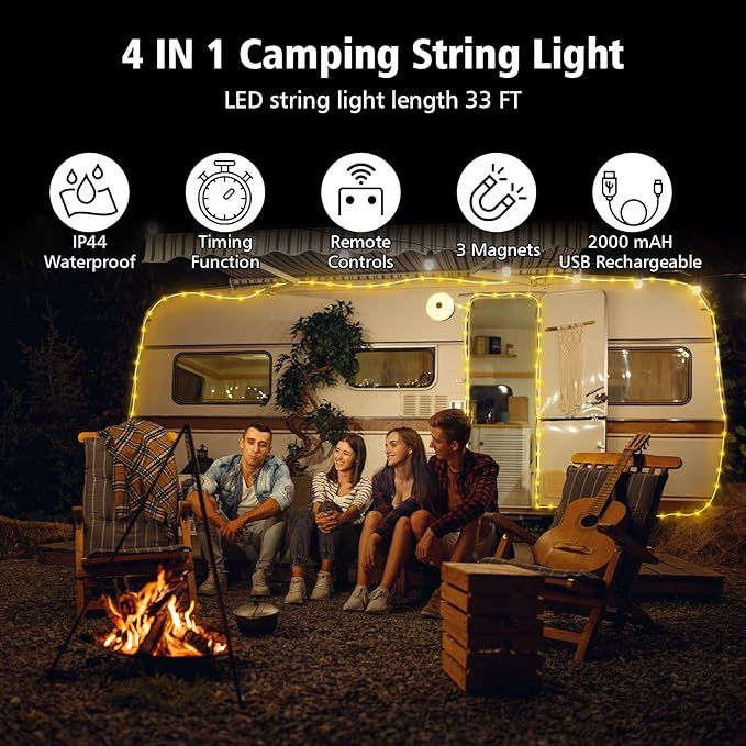 Camping String Lights 33ft 100LED, 4 in 1 Rechargeable 100LED Outdoor Tent String Lights with 14 Lighting Modes Remote Control Waterproof with Timer Function for Camping Gear Essentials Hiking Garden