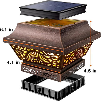 DenicMic Solar Post Lights 2 Pack Post Cap Solar Lights Outdoor Waterproof Metal 25 Lumen Warm White LED Lighting for 3.5x3.5 4x4 5x5 Wooden Fence Posts Deck Rail Yard Patio (Copper)
