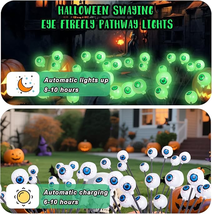 Solar Halloween Decorations Pathway Lights, 2 Packs 16 LED Green Halloween Eyeballs Waterproof Light, Swaying Scary Eye Firefly Outdoor Solar Lights for Yard Garden Lawn Path