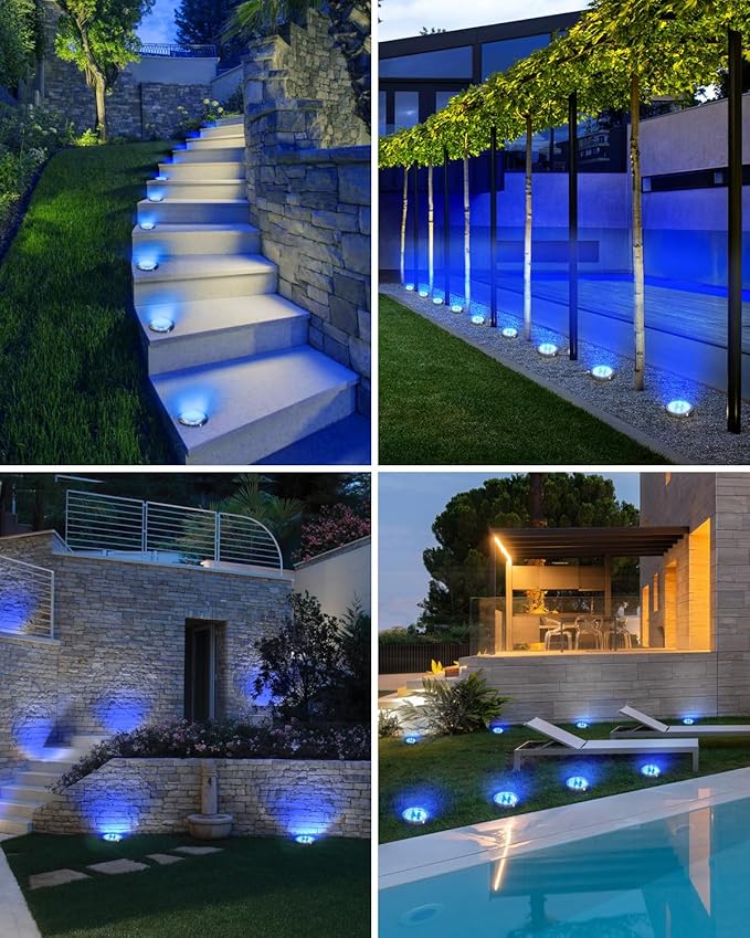 4-Pack Solar Ground Disk Lights, Blue Waterproof LED