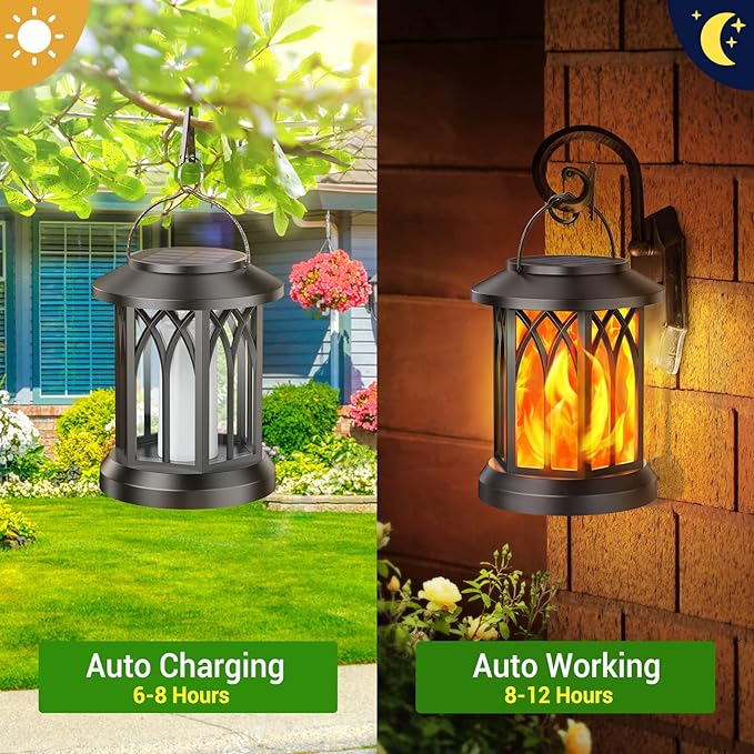 KOOPER Hanging Solar Lights Lantern Outdoor, Flickering Flames Solar Outdoor Lights, Solar Lanterns Outdoor Waterproof with Bigger Panel, Lanterns Decorative Outdoor for Yard Garden Decor, 2 Pack