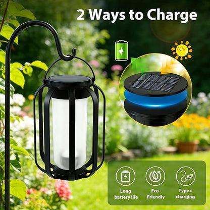 Solar Lanterns Outdoor Waterproof , Flickering Flame Garden Lights with 2 Modes Dual Charging USB & Solar, Outdoor Waterproof Hanging Lantern for Halloween Party Holiday Decor