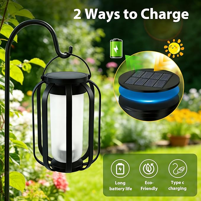 Solar Lanterns Outdoor Lights, 2 Pack Flickering Flame Garden Lights with 2 Modes Dual Charging USB & Solar, Outdoor Waterproof Hanging Lantern for Halloween Party Holiday Decor