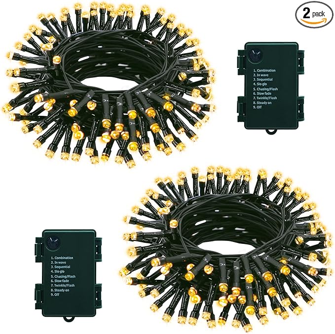 2 Pack String Lights Battery Operated, Each 23ft 70 LED Christmas Lights with Timer 8 Modes Fairy String Lights for Indoor Outdoor Wedding Garland Xmas Tree Decoration (Warm White)