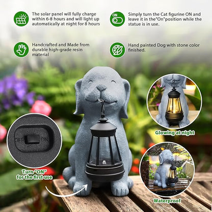 Solar Dog Garden Statue with Lantern, Outdoor Waterproof Dog Figurine Decor for Patio Yard Lawn, Birthday Garden Gifts for Women Mom Grandma, Housewarming Gift