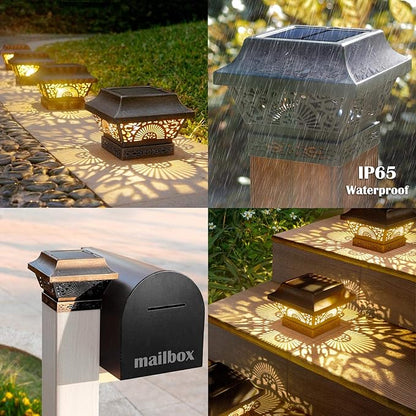 DenicMic Solar Post Lights 2 Pack Solar Post Cap Lights Outdoor Waterproof Metal 25 Lumen Warm White LED Lighting for 3.5x3.5 4x4 5x5 Wooden Fence Posts, Deck Rail, Yard, Patio, Garden (Black)