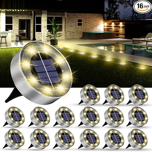 Solar Lights Outdoor 16 Pack, Solar Garden Outdoor Waterproof Pathway Lights Bright In-Ground Lighting Decor for Lawn, Patio, Yard, Driveway, Step and Walkway Warm Lights