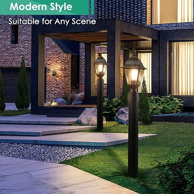 FOLKSMATE Dusk to Dawn Outdoor Post Lights, 2-Pack Waterproof Outside Post Lamps with Pier Mount, Exterior Pole Lantern with Clear Glass, Matte Black Light Fixture for Patio, Garden, Walkway