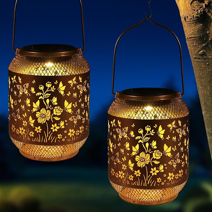 Solar Lanterns Outdoor Waterproof Christmas Birthdays Gifts for Women Mom Grandma Butterfly Garden Decor Metal Hanging Solar LED Lights for Patio(Hummingbird-2P)