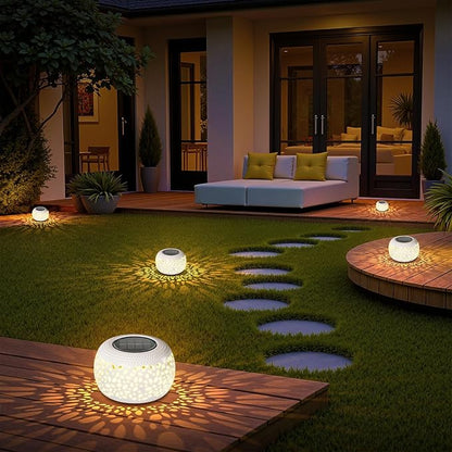 Solar Lanterns Outdoor Waterproof Lights: 2Pack White Hollow Out Metal Table Light, Outside Garden Yard Balcony Indoor Tabletop Lighting Decorations, Unique Gardening Gifts for Women Mom