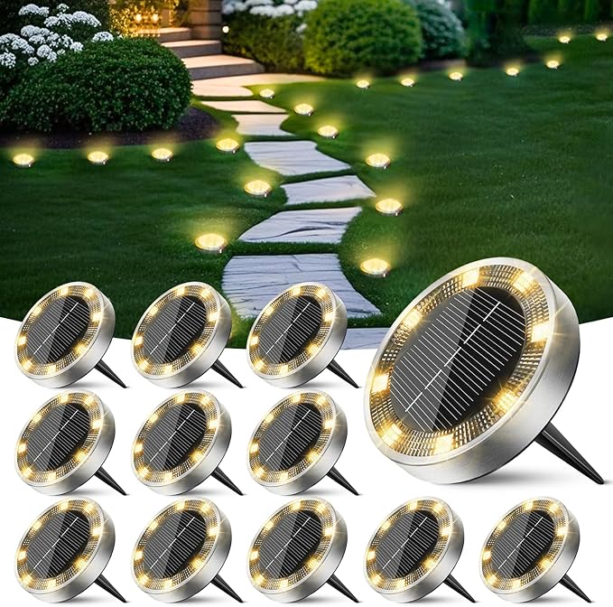 12-Pack Solar Ground Disk Lights, Warm White Waterproof LED
