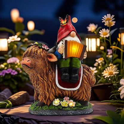 Christmas Garden Gnomes Outdoor Statues: 8'' Solar Light Gnome Decor on Highland Cow Play The Accordion Unique Birthday Gifts for Women Mother Grandma