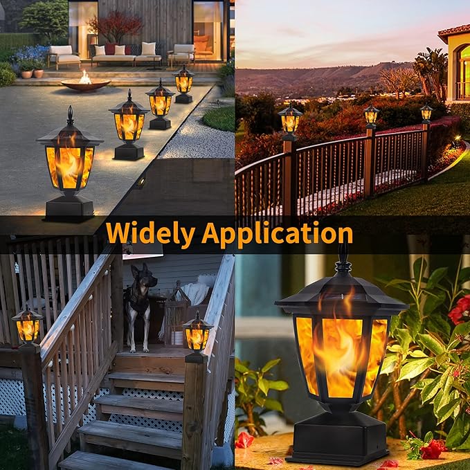 Dynaming Solar Flame Post Lights Outdoor, Solar Powered Lamps Fence Post Cap Lights, Flickering Flame LED Lantern Decorative Waterproof for Garden Deck Patio, Fit 4x4, 5x5 or 6x6 Wooden Posts, 6 Pack