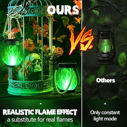 Solar Flame Lantern Hanging Outdoor Waterproof - 2 Pack Flame Lanterns with Dual Charging Modes of Solar & USB for Garden or Yard Decorations (Green - 2 Pack)