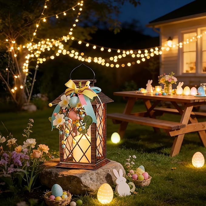 Easter Solar Lanterns Outdoor, Waterproof Garden Hanging Lanterns, 13" Outdoor Decorative Lantern with LED Flickering Flameless Candles, Easter Lantern for Porch, Yard,Patio Decor