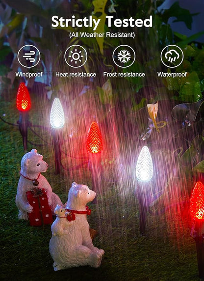 Brightown C9 Christmas Lights Outdoor, 25.7 Ft Strawberry C9 Christmas Pathway Lights with 20 LED Bulbs and Stakes, Christmas Decorations Outside Walkway Sidewalk Holiday, Red and White