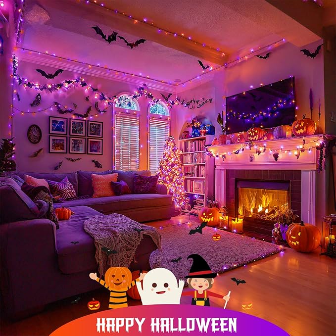 JMEXSUSS Orange and Purple Halloween Lights Battery Operated, Each 33 FT Indoor Halloween Lights Outdoor Waterproof, 2 Pack 100 LED Christmas Light for Christmas Tree Decor