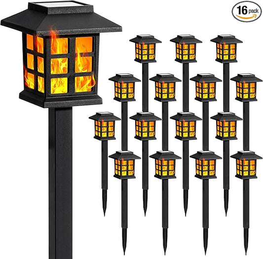 GIGALUMI Solar Lights for Outside,16 Pack Flickering Flame LED Solar Outdoor Lights, Waterproof Garden Light Maintain 10 Hours of Lighting for Christmas, Garden, Landscape, Path, Yard, Patio