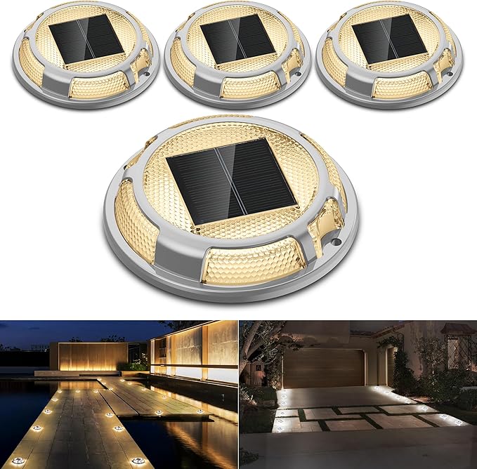 Solar Driveway Lights Dock Lights Waterproof 4 Pack, 2 Colors in 1 Outdoor LED Solar Deck Light, Solar Powered Walk Way Light Road Marker for Warning Stair Pathway Patio(Warm & Cool)