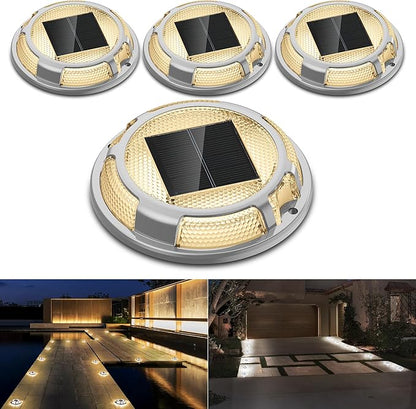 Solar Driveway Lights Dock Lights Waterproof 4 Pack, 2 Colors in 1 Outdoor LED Solar Deck Light, Solar Powered Walk Way Light Road Marker for Warning Stair Pathway Patio(Warm & Cool)
