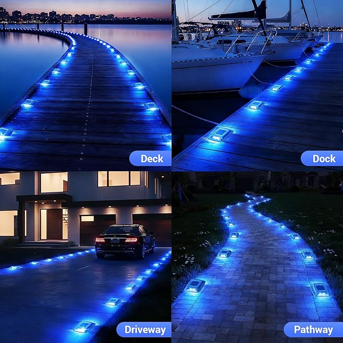 Solar Driveway Lights Outdoor 12 Pack, IP68 Waterproof Solar Powered Driveway Marker Deck Dock Lights for Steps Pathway Walkway Sidewalk Garden Yard Stair Marine (Blue)