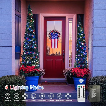 JMEXSUSS Red White and Blue Lights Outdoor Indoor, 2 Pack 100 LED 4th of July String Lights Battery Operated Waterproof for Patriotic Decoration Outside House Garden Tree