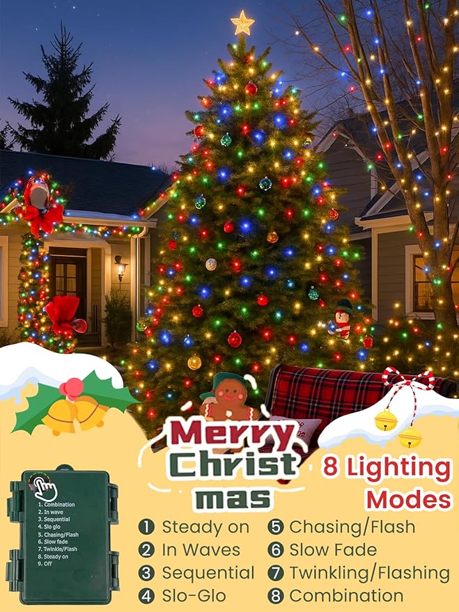 2 Pack Battery Operated Christmas Lights with Timer, 66FT 200 LED Waterproof Battery Twinkle Light, 8 Modes Green Wire Fairy Lights for Indoor & Outdoor Bedroom Tree Christmas Decorations (Multicolor)