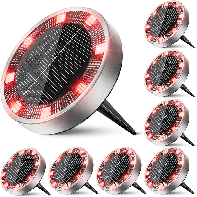8-Pack Solar Ground Disk Lights, Red Waterproof LED