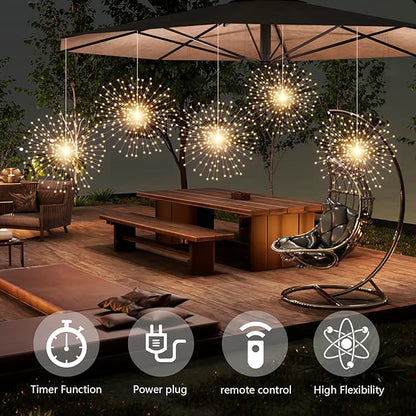 5 Pcs 1000 LED Plug-in Starburst Sphere Lights, Firework Light 8 Modes Dimmable Remote Control Waterproof Hanging Fairy Light, Copper Wire Lights for Patio Party Tent Christmas (Warm White)
