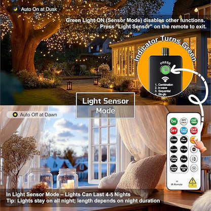 HXWEIYE Rechargeable Fairy Lights with Remote, 66ft 200 LED Twinkle Lights with DIY Timer & Light Sensor, Waterproof Outdoor String Lights for Bedroom Patio Christmas Tree Decor, Warm White