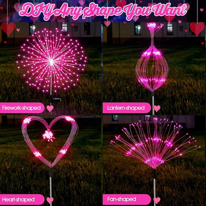 6 Pack Pink Solar Firework Lights 180 LED 8 Lighting Modes Waterproof Outdoor Decorative Solar Lights for Wedding Valentine Birthday Garden Patio Yard Pathway Walkway Lawn Decor