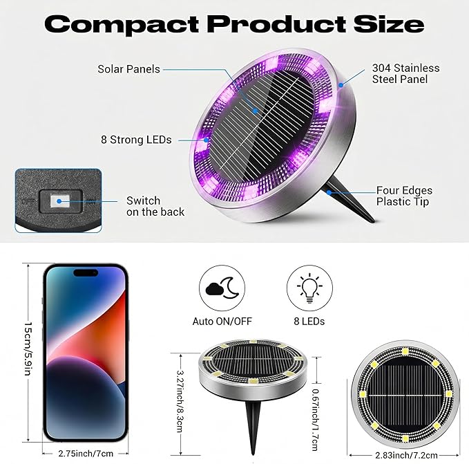 Peasur Solar Ground Lights Outdoor, 8 Pack Flat Solar Powered Disc Lights, IP68 Waterproof, Anti-Rust, Landscape Lighting for Pathway Garden Yard Lawn Walkway Landscape Driveway, Purple