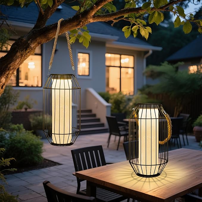 Large Solar Lanterns Outdoor Rechargeable Hanging/Standing Lantern Waterproof Metal Solar Table Lamp with Warm Lights Retro Handle for Patio,Yard,Garden,Proch,Trees, Wedding Decoration