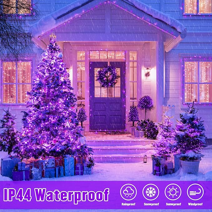 JMEXSUSS Purple Christmas Lights Battery Operated, 2 Pack 100 LED Outdoor Purple String Lights Waterproof, Each 33 FT Christmas Tree Light Indoor for Halloween Decorations Party Porch Garden Decor