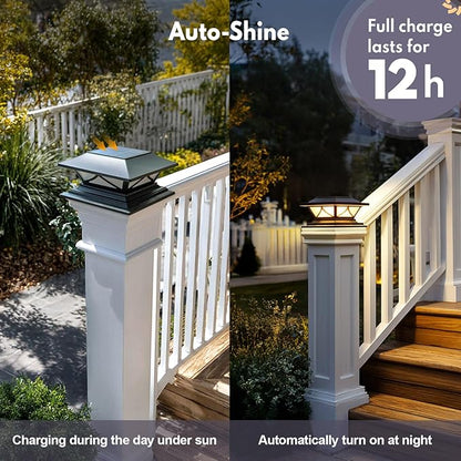 PASAMIC 2 Pack Solar Post Cap Lights, Waterproof Outdoor Lights for 4x4 5x5 6x6 Wood Posts, Fence Post Solar Lights with 2 Color Modes for Garden, Deck, Patio, Porch, Fence