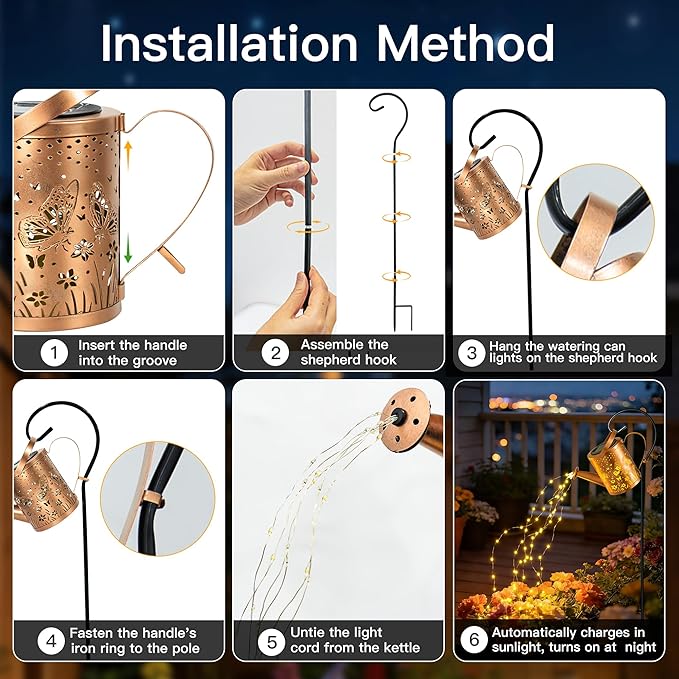 Ollny Solar Watering Can with Cascading Lights Outdoor Garden Decor, Birthday Gifts for Mom Grandma Women, IP65 Waterproof 2 Lighting Modes Hanging Lanterns for Yard Patio Lawn (Butterfly)