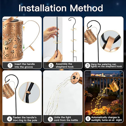 Ollny Solar Watering Can with Cascading Lights Outdoor Garden Decor, Birthday Gifts for Mom Grandma Women, IP65 Waterproof 2 Lighting Modes Hanging Lanterns for Yard Patio Lawn (Butterfly)