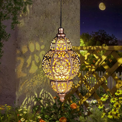 Hanging Solar Lanterns Outdoor Waterproof, Moroccan Solar Lanterns for Outside Garden Decor, Outdoor Hanging Lantern Gardening Gifts for Women Mom Grandma, Yard Patio Lawn Decorations
