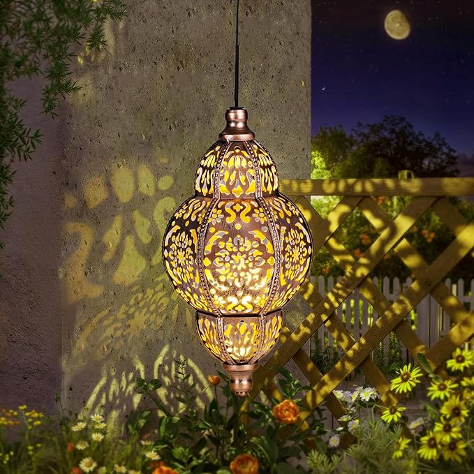 Hanging Solar Lanterns,Outdoor Garden Decor Solar Lantern Metal Moroccan Yard Art Gardening Decorative,Outside Hanging Lights Christmas Decorations for Gazebo Patio Chandelier Garden Gift