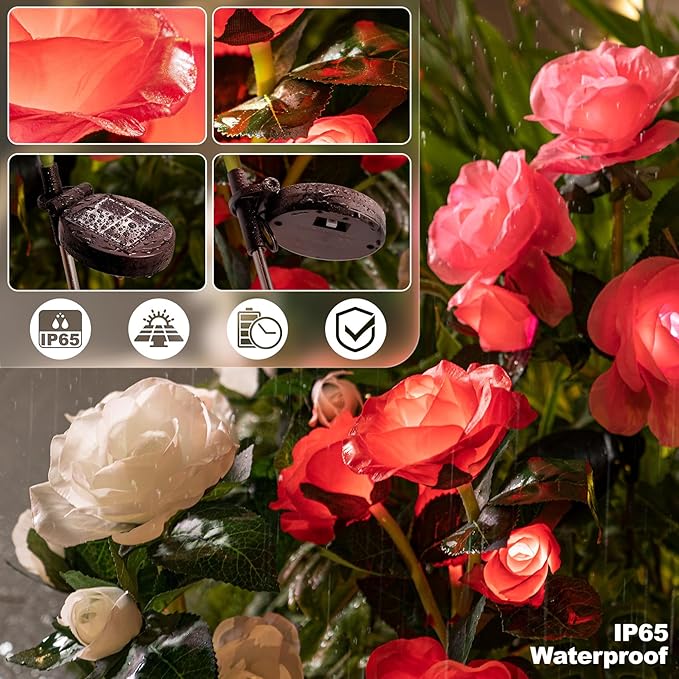 Anordsem Solar Garden Lights Outdoor: 10 Waterproof Fabric Roses 2 Pack - Red LED Flower Decorations for Yard Patio Path Cemetery Grave - Mother's Day Gifts for Her Women Mom Wife