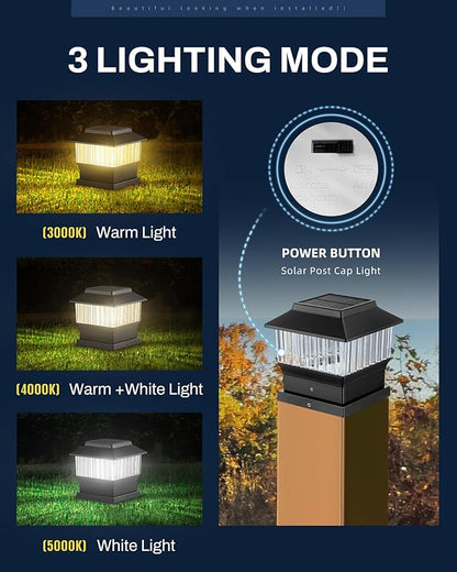50 Lumen Solar Post Lights, 3 Modes Outdoor Deck Fence Post Cap Lights - 4x4 3.5x3.5 4.5x4.5 or 5.5x5.5, LED Landscaping Patio Garden Yard Decoration Waterproof (4 Pack, Black)