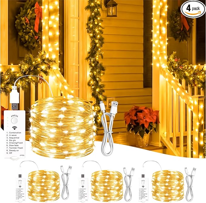 Christmas Backyard String Lights 4-Pack, 16ft 50 LED Waterproof
